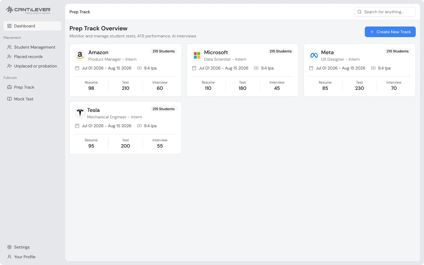 Prep Track overview, with a card for each company showing role, dates, and progress bars for resume, interview, and mock interview.