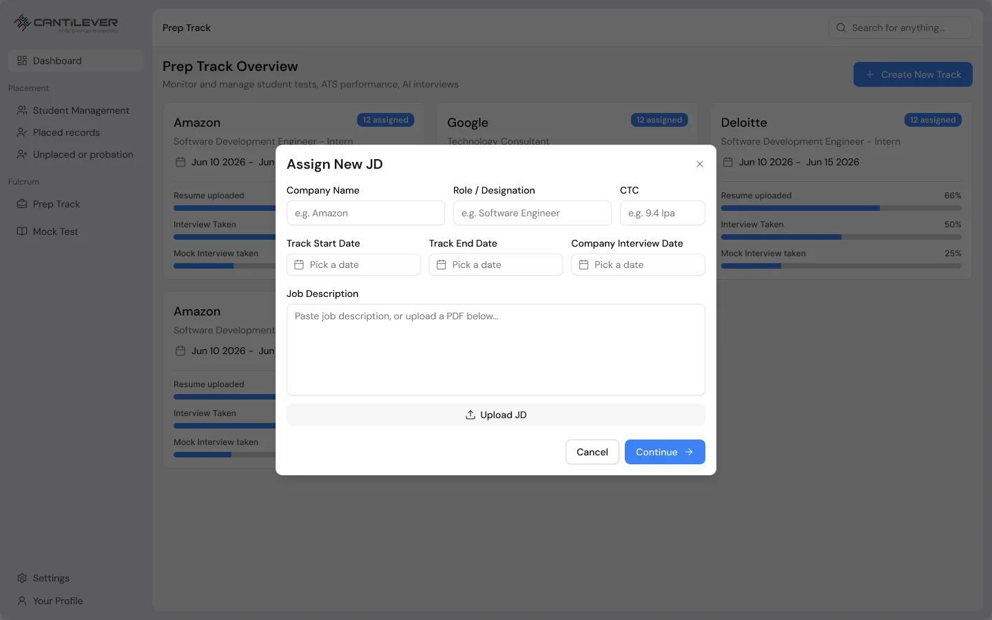 Assign New JD panel with fields for company, role, job description text or PDF upload, and track dates.
