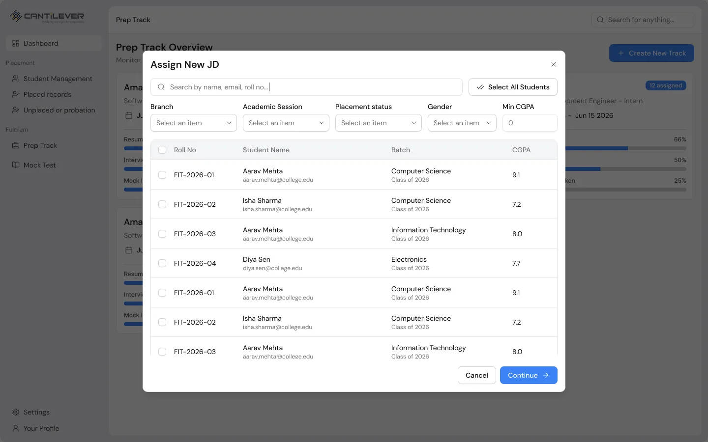 Assign New JD student selection, with search and filters for branch, session, placement status, gender, and minimum CGPA.