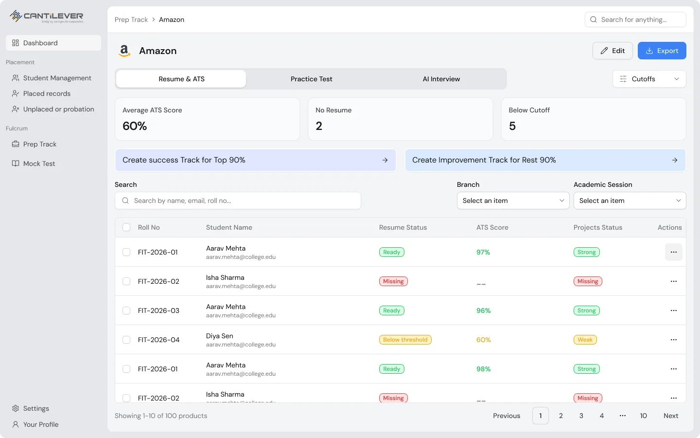 Resume and ATS tab, listing each student's resume status and ATS score.