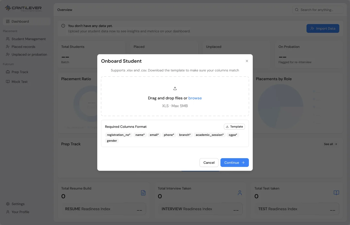 Onboard Student modal with drag and drop file upload, XLS or CSV up to 5MB, and a required columns template listing registration number, name, email, phone, branch, session, CGPA, and gender.