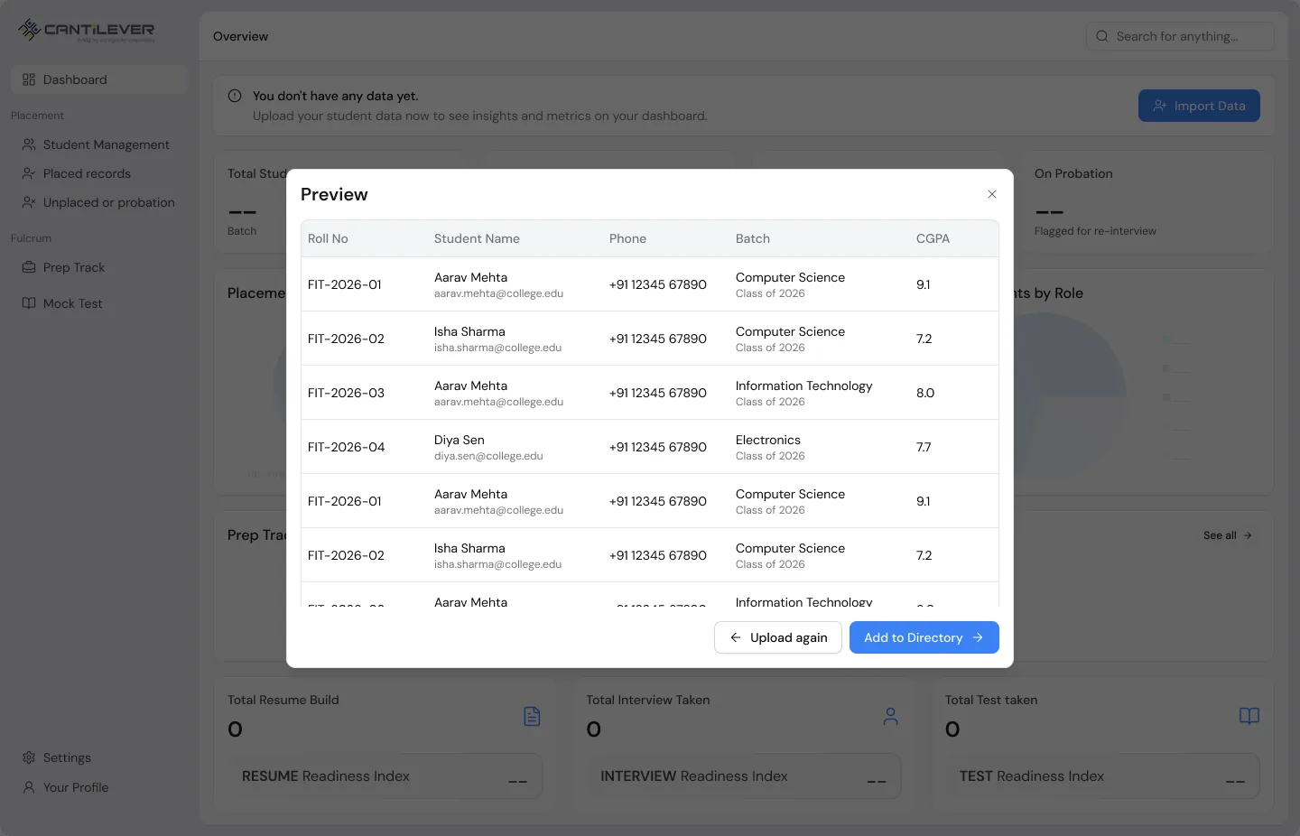 Preview modal showing the parsed student rows in a table with roll number, name, phone, batch, and CGPA, and an Add to Directory action.