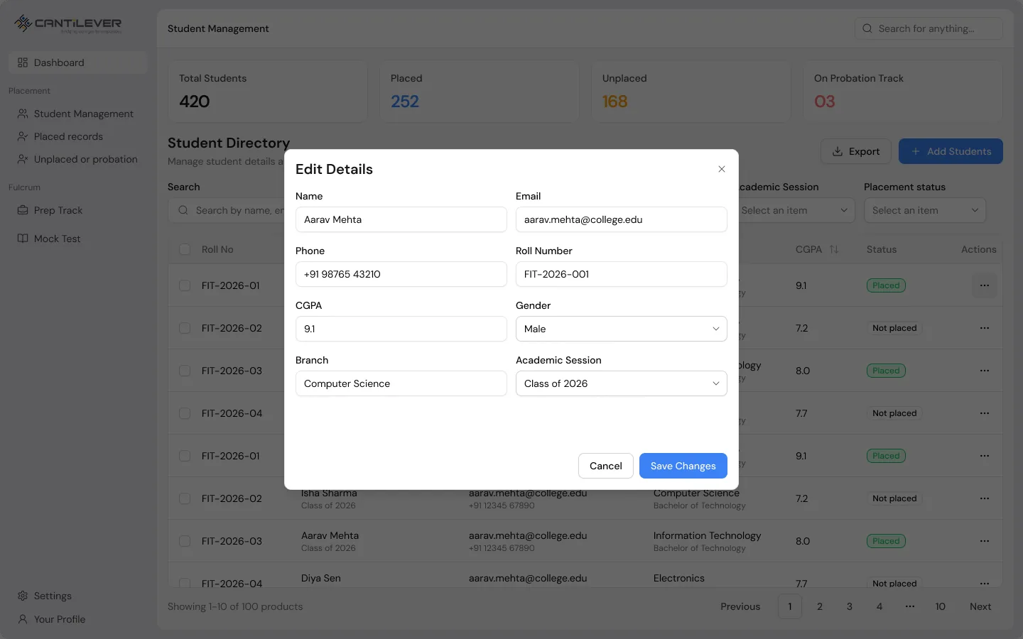Edit Details modal for a student over the directory, with name, email, phone, roll number, CGPA, gender, branch, and academic session fields.