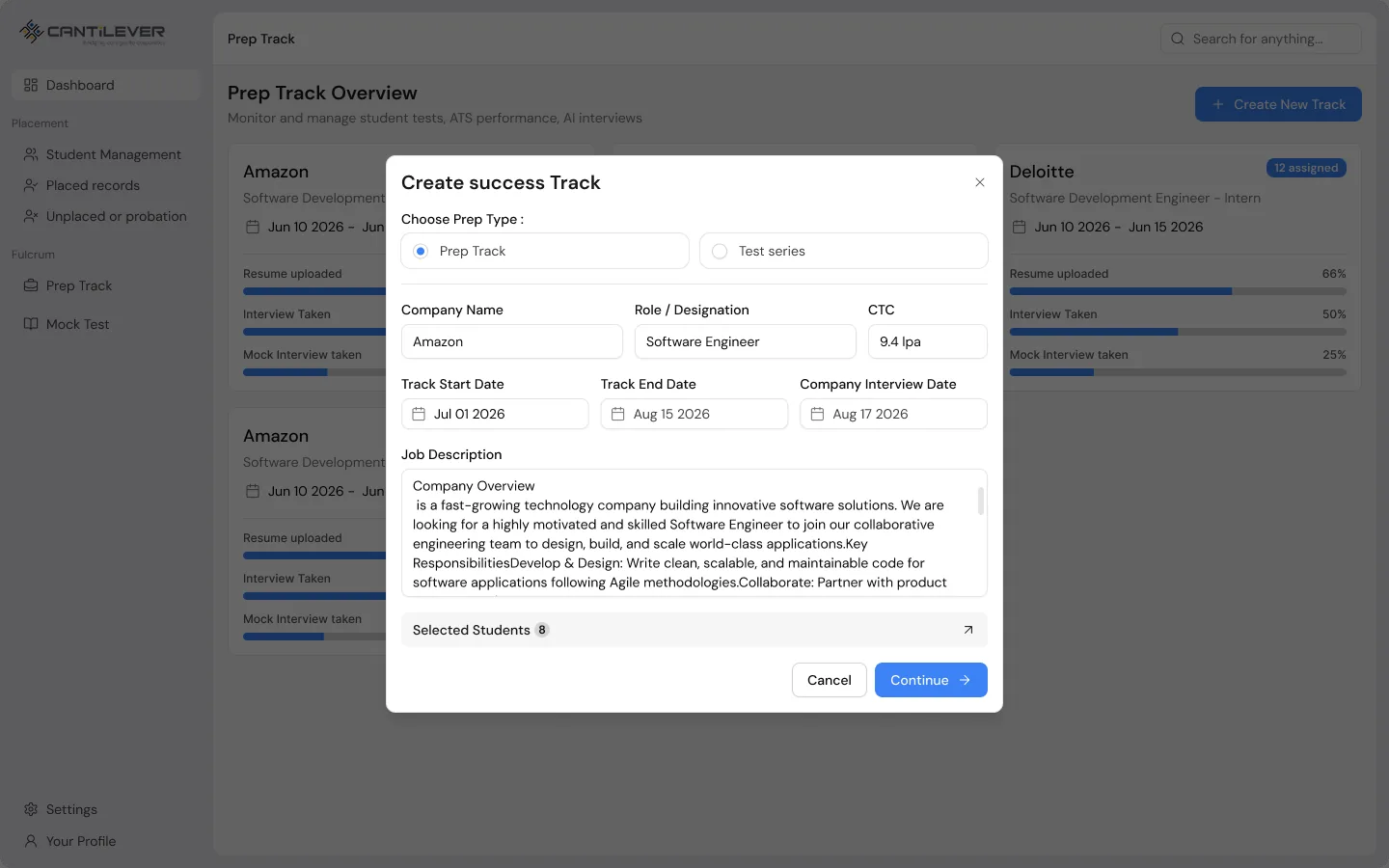 Create success Track modal in its Prep Track mode, with company name, role, CTC, track dates, a job description field, and a selected students count.