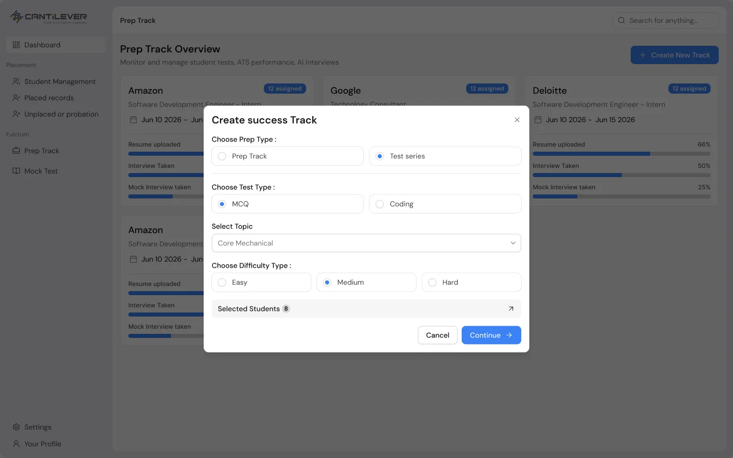Create success Track modal in its Test series mode, choosing MCQ or coding, a topic, and a difficulty level for selected students.