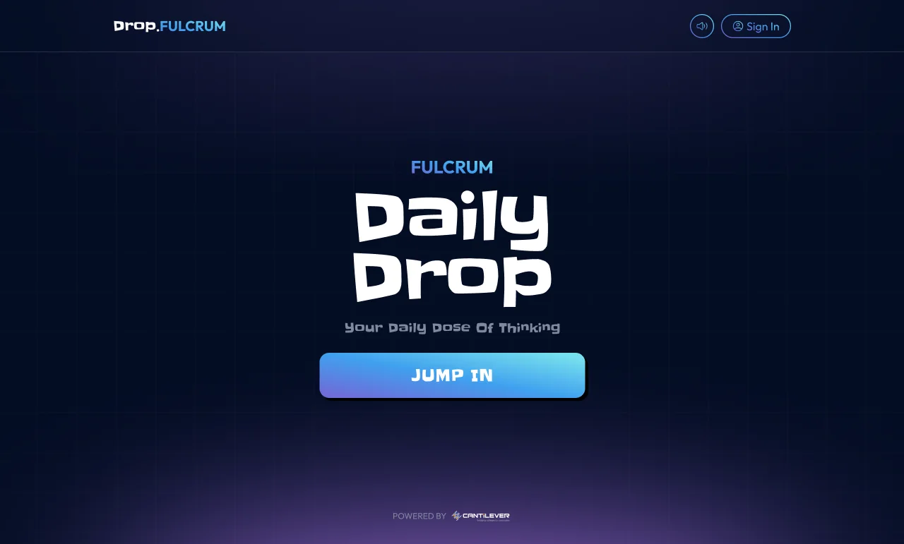 The Daily Drop web landing, with the wordmark, the line your daily dose of thinking, and a Jump In button.