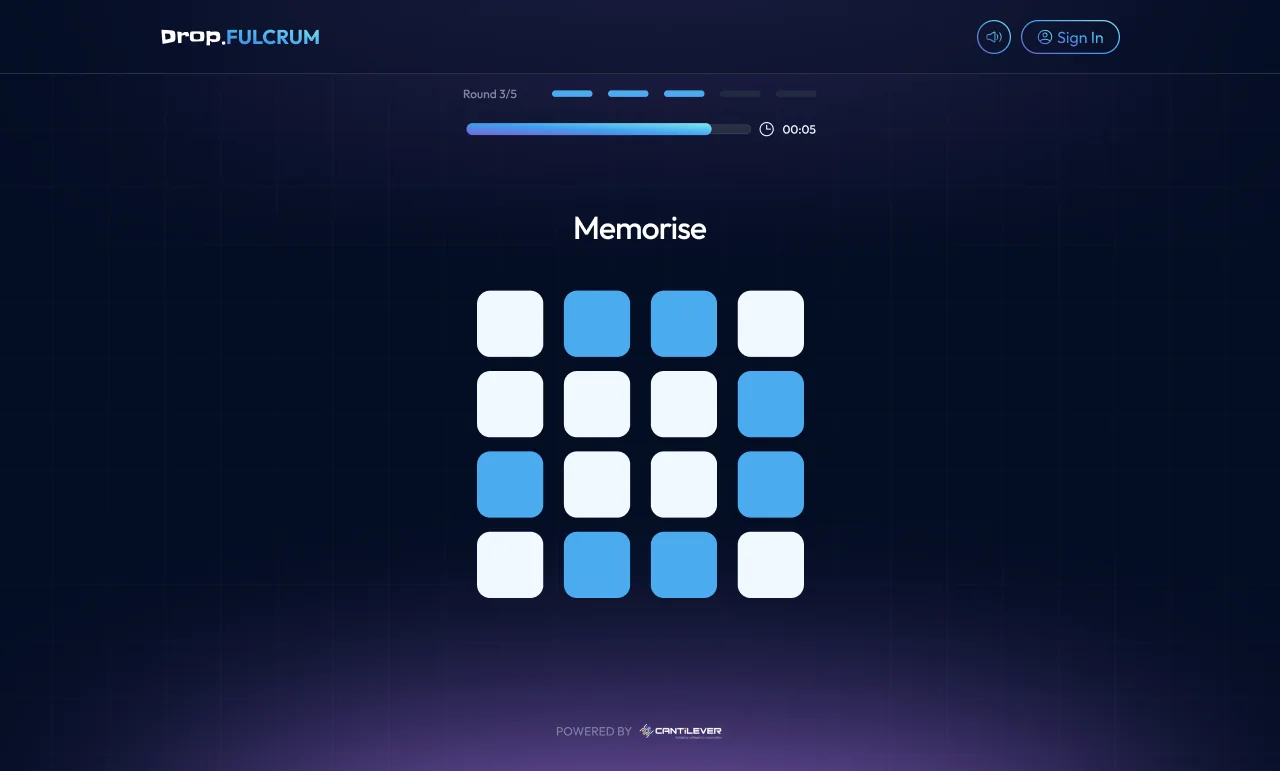 A Memorise round on web, a grid of tiles to recall inside the round shell.