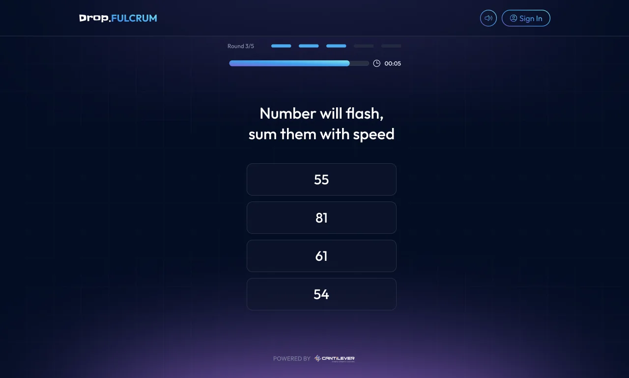 The answer step of the flash and sum round on web, with options to pick the total.