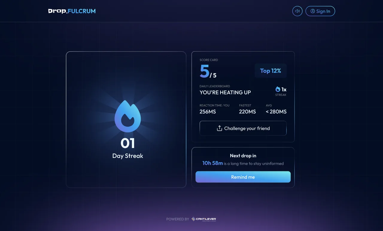 The Daily Drop result on web: a day streak, a five of five score, a rank, and a Challenge your friend button.