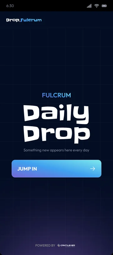 Daily Drop home on mobile, with the wordmark and a Jump In button.
