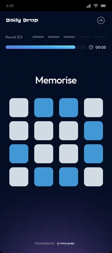 A Memorise round on mobile, a grid of tiles lit to recall, with a round timer.