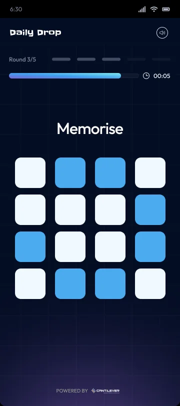 A Memorise round: a grid of tiles, some lit, to recall.