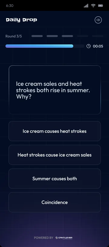 A round asking why ice cream sales and heat strokes both rise in summer.