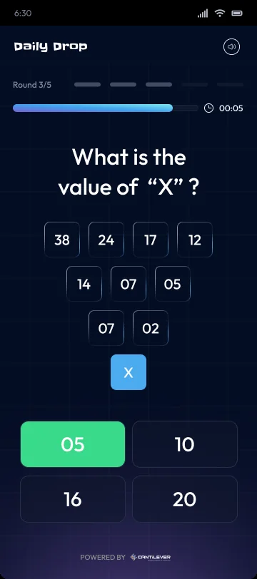 A value of X round with a grid of numbers and answer options.