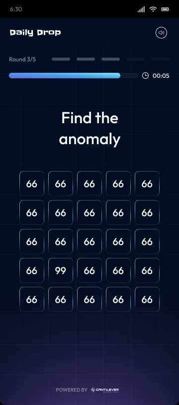 A find the anomaly round: a grid of identical numbers with one different.