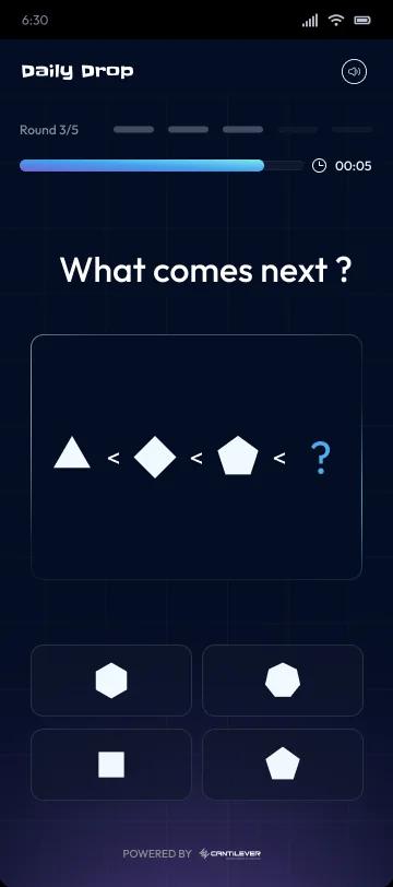A what comes next round with a sequence of shapes and a missing final one.