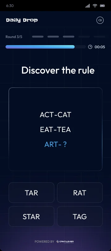 A word rule round showing letter pairs like ACT to CAT and EAT to TEA.
