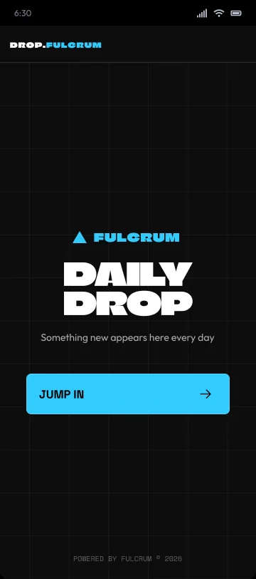 Daily Drop home, dark grid with a cool blue accent and a Jump In button.