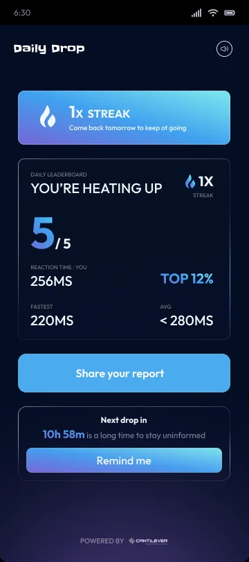 A result variant with a one-times streak banner, reaction times, and a Share your report button.