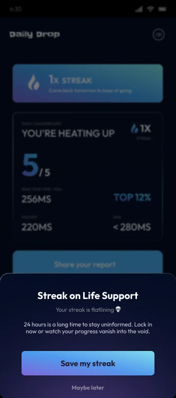 A streak-on-life-support prompt over the result, urging the player to save their streak.