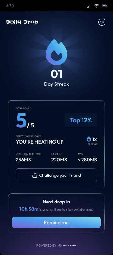 A result with a large flame day-streak and a Challenge your friend button.