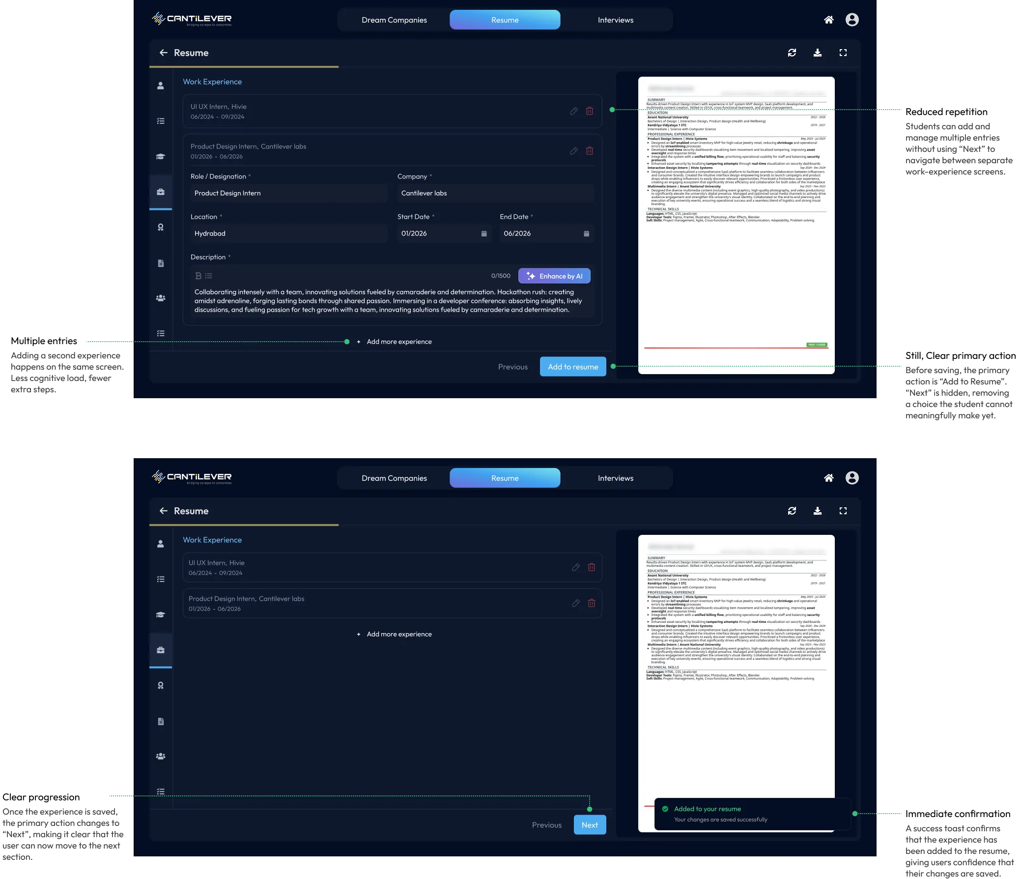 The final design, the unified entry view with save confirmation and a clear primary action.