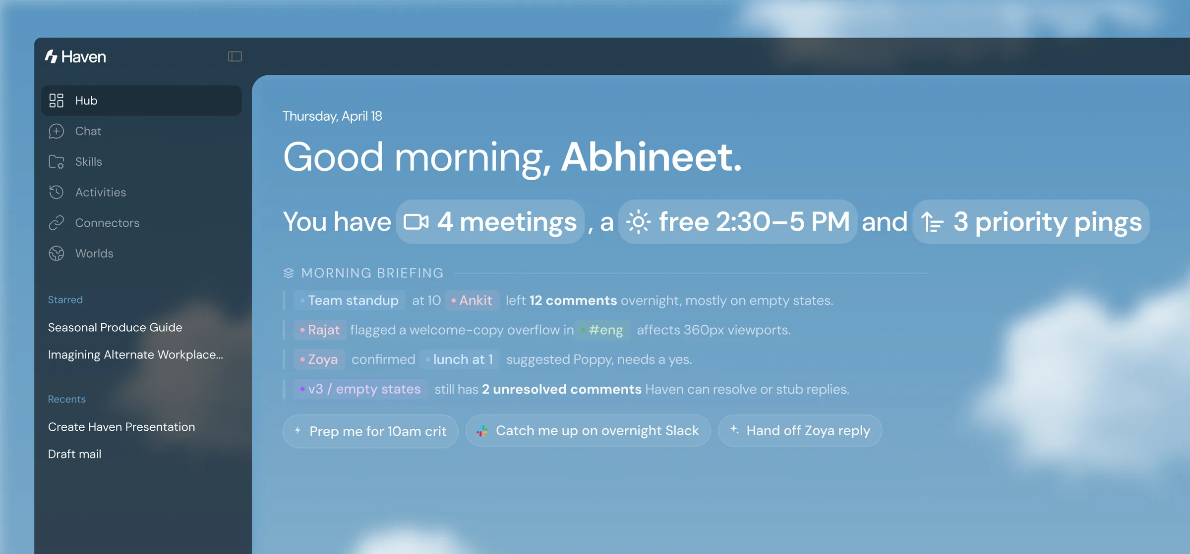 Haven's Hub. A left sidebar with Hub, Chat, Skills, Activities, Connectors, and Worlds. The main panel greets the person by name and lays out the day's meetings, free time, and priority pings, with a briefing of what changed overnight.