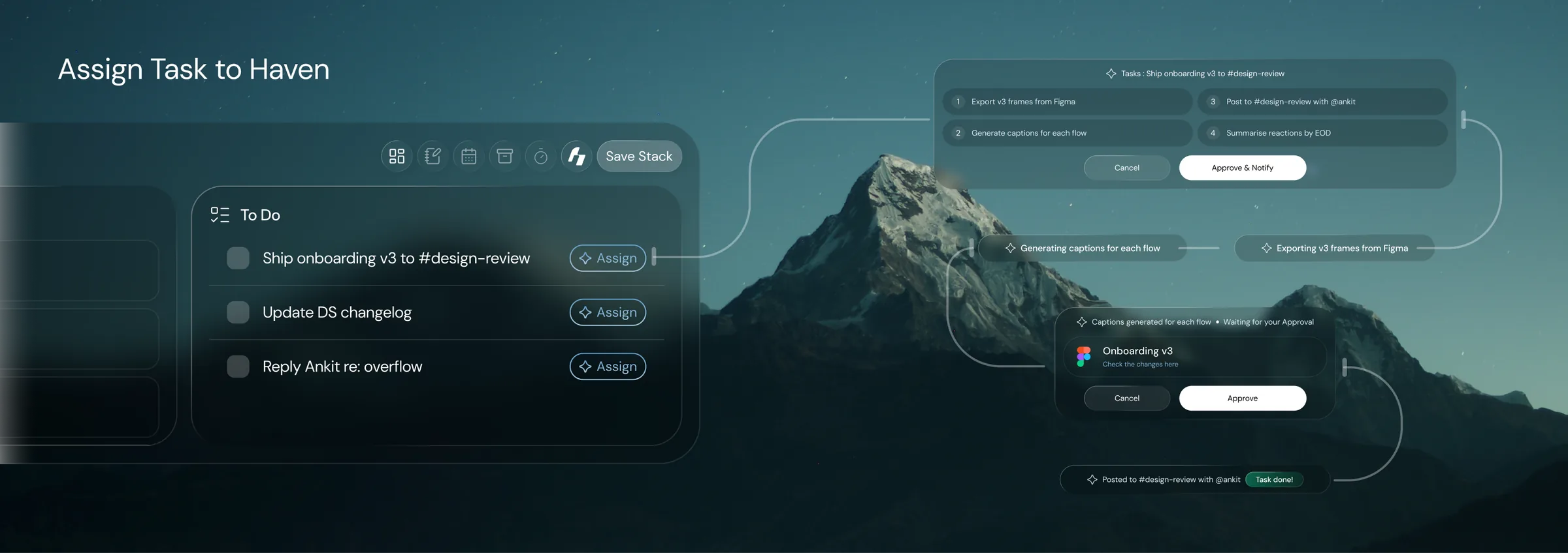 Assigning a task to Haven from the to-do list. Haven breaks Ship onboarding v3 into sub-steps, export frames, generate captions, post, and summarise, asks for approval, works through them with progress shown, and reports the task done.