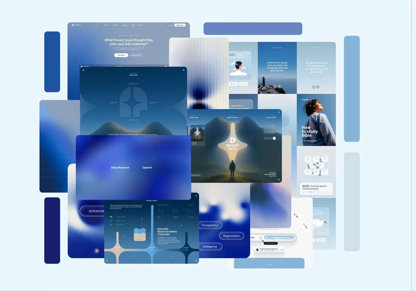 A moodboard of blue gradients, open skies, calm interface references, and a figure walking toward light, setting the visual direction for Haven.