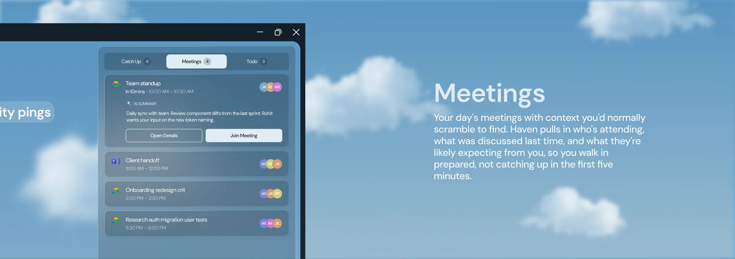 Meetings view. Each meeting shows the time, who is attending, and an AI summary of what it is about and what is expected, with options to open details or join.